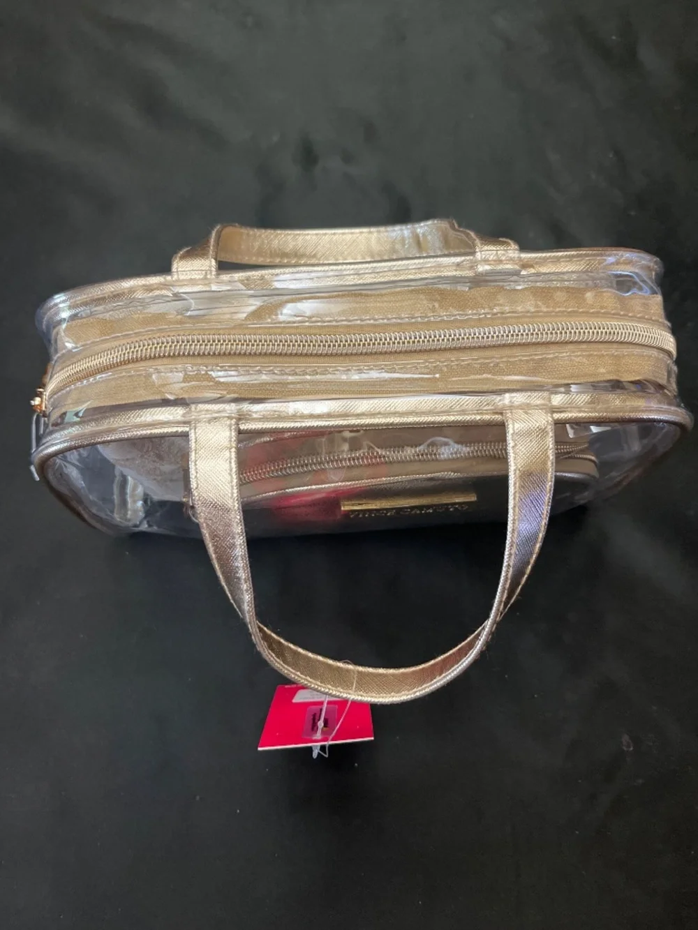 NWT Vince Camuto Clear PVC/Floral/Gold 3 Piece Make /Up bag Set.